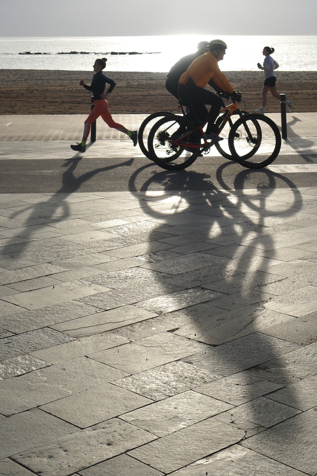 Bicycle wheels casting shadows across stone pavement